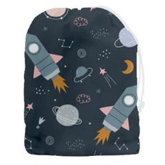 Space Background Illustration With Stars And Rocket Seamless Vector Pattern Drawstring Pouch (3xl) by Salman4z