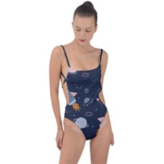 Space Background Illustration With Stars And Rocket Seamless Vector Pattern Tie Strap One Piece Swimsuit by Salman4z