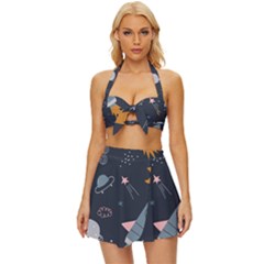 Space Background Illustration With Stars And Rocket Seamless Vector Pattern Vintage Style Bikini Top And Skirt Set  by Salman4z