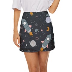 Space Background Illustration With Stars And Rocket Seamless Vector Pattern Mini Front Wrap Skirt by Salman4z