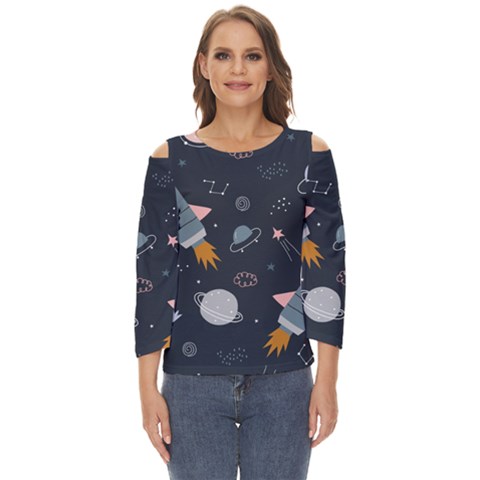 Space Background Illustration With Stars And Rocket Seamless Vector Pattern Cut Out Wide Sleeve Top by Salman4z