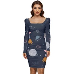 Space Background Illustration With Stars And Rocket Seamless Vector Pattern Women Long Sleeve Ruched Stretch Jersey Dress by Salman4z