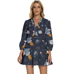 Space Background Illustration With Stars And Rocket Seamless Vector Pattern V-neck Placket Mini Dress by Salman4z