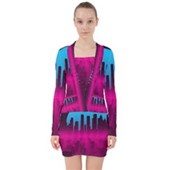 Futuristic Cityscape V-neck Bodycon Long Sleeve Dress by Salman4z