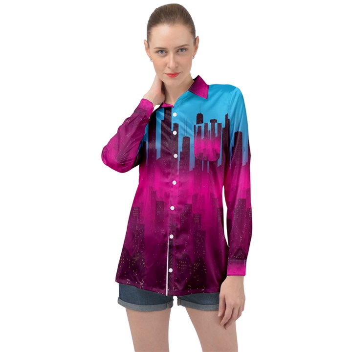 Futuristic Cityscape Long Sleeve Satin Shirt