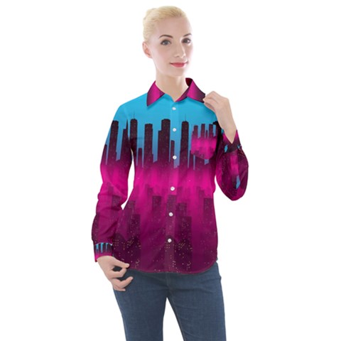 Futuristic Cityscape Women s Long Sleeve Pocket Shirt by Salman4z