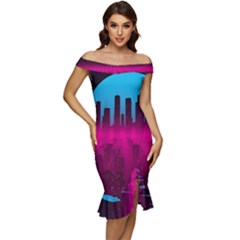 Futuristic Cityscape Off Shoulder Ruffle Split Hem Bodycon Dress by Salman4z