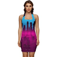 Futuristic Cityscape Sleeveless Wide Square Neckline Ruched Bodycon Dress by Salman4z