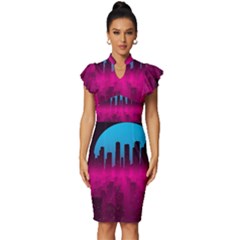 Futuristic Cityscape Vintage Frill Sleeve V-neck Bodycon Dress by Salman4z