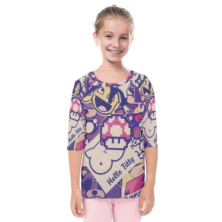 Retro Cartoon Hello Titty Parody Kids  Quarter Sleeve Raglan Tee