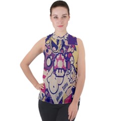 Retro Cartoon Hello Titty Parody Mock Neck Chiffon Sleeveless Top by Salman4z