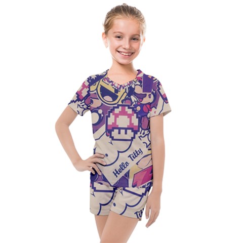 Retro Cartoon Hello Titty Parody Kids  Mesh Tee And Shorts Set by Salman4z