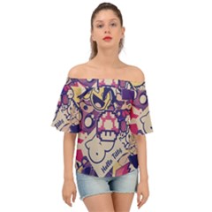 Retro Cartoon Hello Titty Parody Off Shoulder Short Sleeve Top by Salman4z