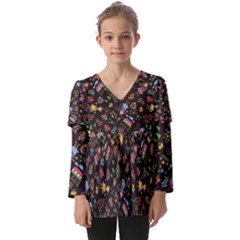 Cartoon Texture Kids  V Neck Casual Top by Salman4z