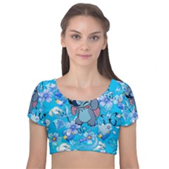 Blue Stitch Aesthetic Velvet Short Sleeve Crop Top  by Salman4z