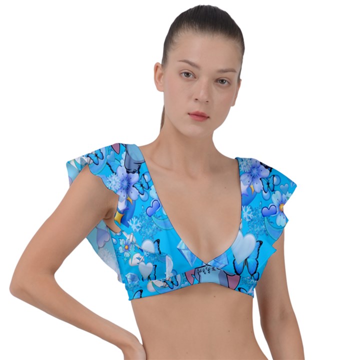 Blue Stitch Aesthetic Plunge Frill Sleeve Bikini Top