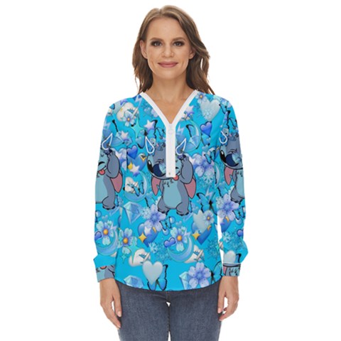 Blue Stitch Aesthetic Zip Up Long Sleeve Blouse by Salman4z