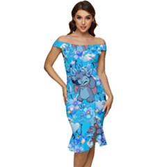 Blue Stitch Aesthetic Off Shoulder Ruffle Split Hem Bodycon Dress by Salman4z