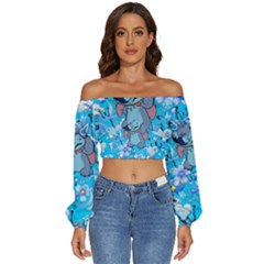 Blue Stitch Aesthetic Long Sleeve Crinkled Weave Crop Top by Salman4z