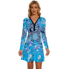 Blue Stitch Aesthetic Long Sleeve Deep V Mini Dress  by Salman4z