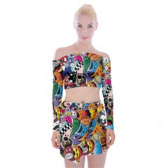 Cartoon Explosion Cartoon Characters Funny Off Shoulder Top With Mini Skirt Set by Salman4z