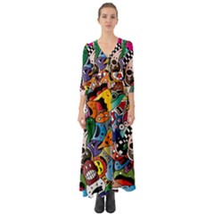 Cartoon Explosion Cartoon Characters Funny Button Up Boho Maxi Dress by Salman4z