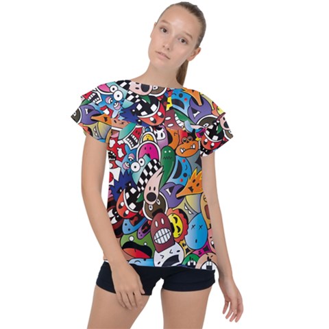 Cartoon Explosion Cartoon Characters Funny Ruffle Collar Chiffon Blouse by Salman4z