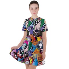 Cartoon Explosion Cartoon Characters Funny Short Sleeve Shoulder Cut Out Dress  by Salman4z