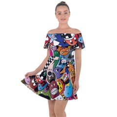 Cartoon Explosion Cartoon Characters Funny Off Shoulder Velour Dress by Salman4z