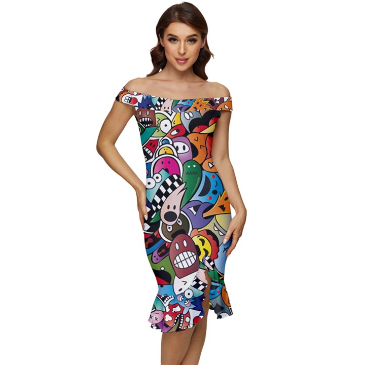 Cartoon Explosion Cartoon Characters Funny Off Shoulder Ruffle Split Hem Bodycon Dress