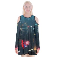 Cityscape Digital Art Velvet Long Sleeve Shoulder Cutout Dress by Salman4z