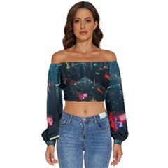 Cityscape Digital Art Long Sleeve Crinkled Weave Crop Top