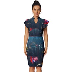 Cityscape Digital Art Vintage Frill Sleeve V-neck Bodycon Dress by Salman4z