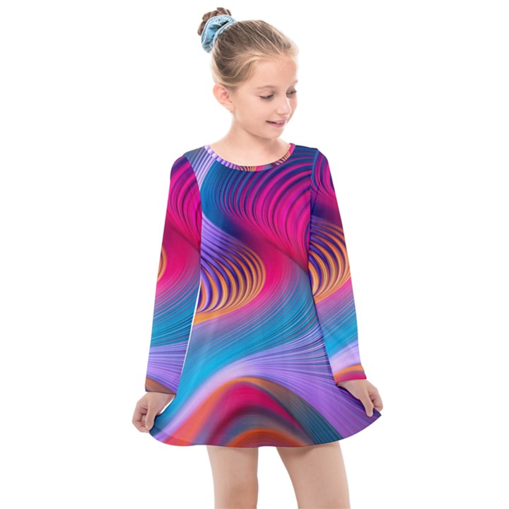 Colorful 3d Waves Creative Wave Waves Wavy Background Texture Kids  Long Sleeve Dress