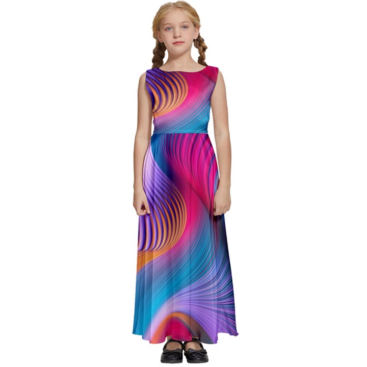 Colorful 3d Waves Creative Wave Waves Wavy Background Texture Kids  Satin Sleeveless Maxi Dress