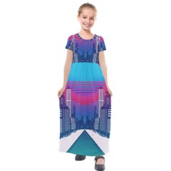 Retro Cityscape Artist Artwork Digital Art Kids  Short Sleeve Maxi Dress by Salman4z