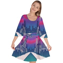 Retro Cityscape Artist Artwork Digital Art Velour Kimono Dress by Salman4z