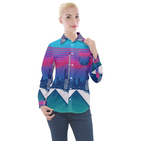 Retro Cityscape Artist Artwork Digital Art Women s Long Sleeve Pocket Shirt by Salman4z