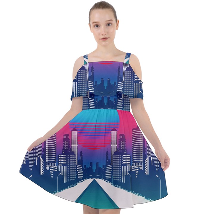 Retro Cityscape Artist Artwork Digital Art Cut Out Shoulders Chiffon Dress