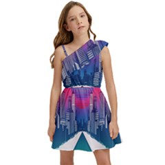 Retro Cityscape Artist Artwork Digital Art Kids  One Shoulder Party Dress by Salman4z