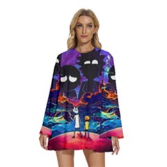 Rick And Morty In Outer Space Round Neck Long Sleeve Bohemian Style Chiffon Mini Dress by Salman4z