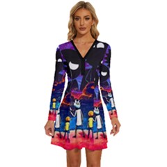 Rick And Morty In Outer Space Long Sleeve Deep V Mini Dress  by Salman4z