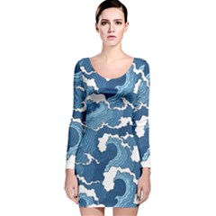 Waves Aesthetics Illustration Japanese Long Sleeve Velvet Bodycon Dress