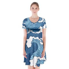 Waves Aesthetics Illustration Japanese Short Sleeve V-neck Flare Dress