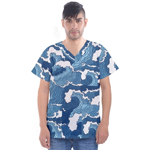 Waves Aesthetics Illustration Japanese Men s V-neck Scrub Top by Salman4z