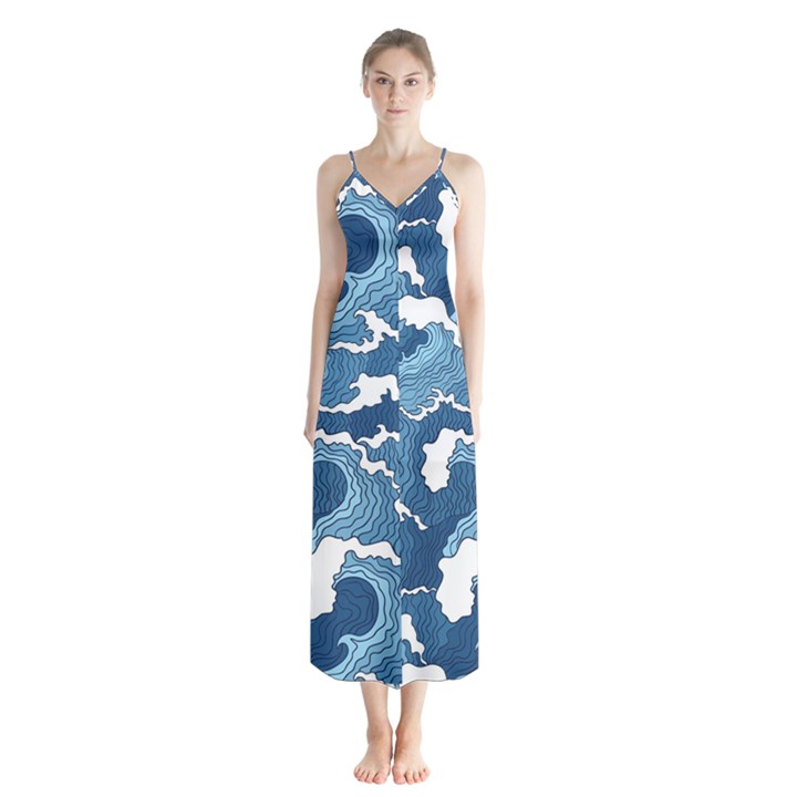 Waves Aesthetics Illustration Japanese Button Up Chiffon Maxi Dress