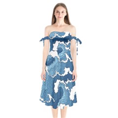 Waves Aesthetics Illustration Japanese Shoulder Tie Bardot Midi Dress