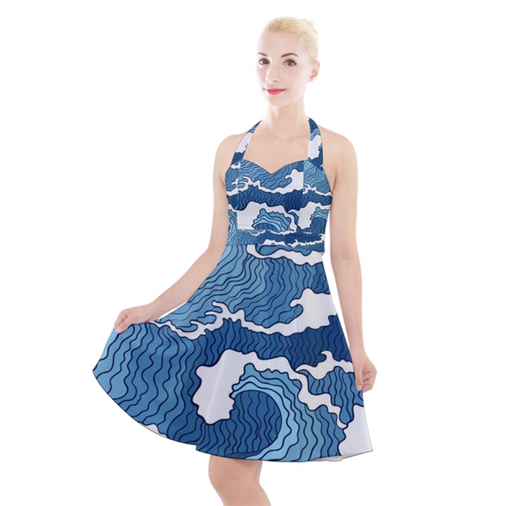 Waves Aesthetics Illustration Japanese Halter Party Swing Dress 