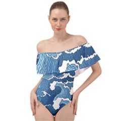 Waves Aesthetics Illustration Japanese Off Shoulder Velour Bodysuit  by Salman4z