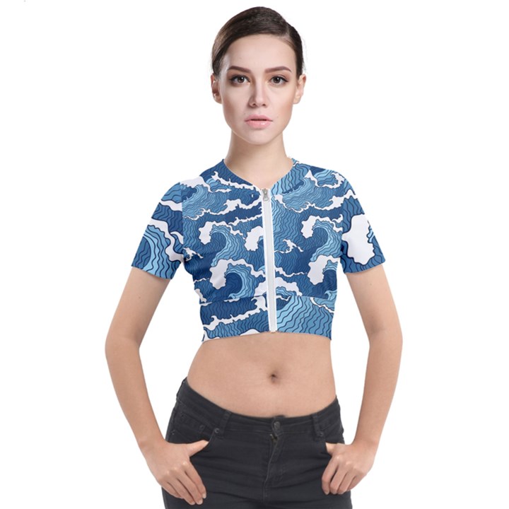 Waves Aesthetics Illustration Japanese Short Sleeve Cropped Jacket